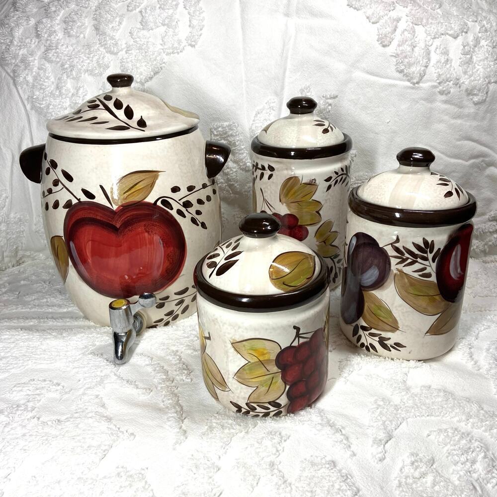 TABLETOPS GALLERY BOUNTIFUL Apples & Berries Hand Painted and Crafted Canisters
